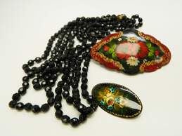 Vintage Russian Hand Painted Brooch & Hair Clip & Black Crystal Necklaces 183.4g