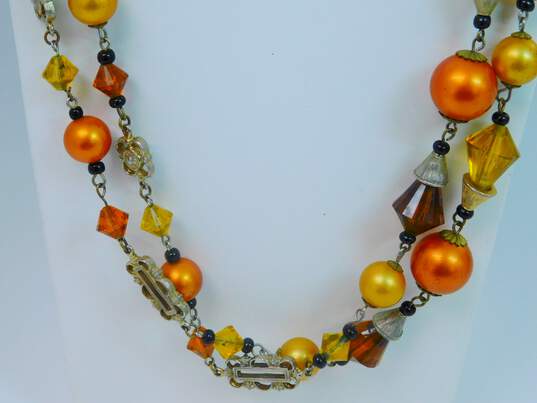 Vintage Goldtone Yellow & Orange Crystals & Faux Pearls Beaded Necklace & Matching Cluster Clip On Earrings 114.5g image number 2