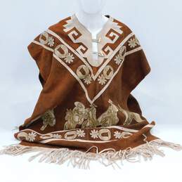 Vintage Western Style Cowboy & Horse Print Brown Suede Leather Fringe Poncho