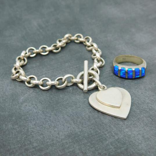 Mexican Artisan 925 Heart Charm Bracelet & Opal Inlay Ring 33.8g image number 1