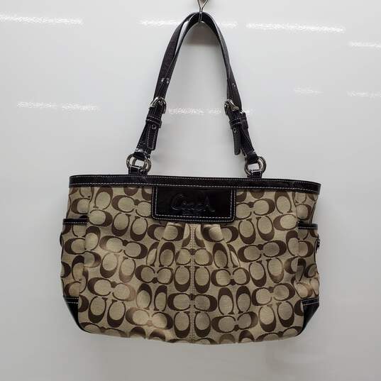 Coach Brown Khaki Signature East West Pleated Gallery Tote image number 1