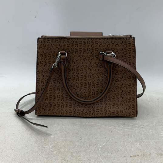 Guess Womens Brown Leather Signature Print Zipper Pockets Satchel Bag Purse image number 3
