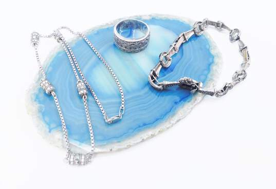 Romantic Judith Jack 925 Sterling Silver Marcasite CZ Barrel Charm Necklace Bracelet & Ring 32.3g image number 1