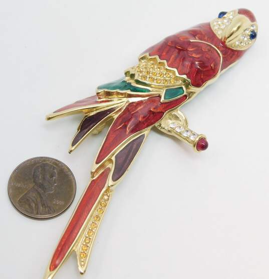 Bob Mackie Signed Gold Tone Icy Enamel Parrot Brooch 37.3g image number 6