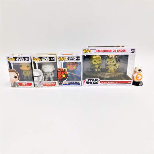 Funko Pop! Star Wars 61 BB-8, 67 First Order Snowtrooper, 161 Rey, 410 Darth Maul, and 294 Encounter on Endor (Set of 5) image number 1