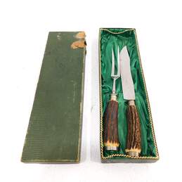 Vintage 1950s Germany Rostfrei Stag Handled Carving Set Engraved Blade w/ box