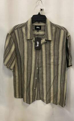 NWT Stussy Mens Black Beige Waffle Striped Short Sleeve Button-Up Shirt Size S