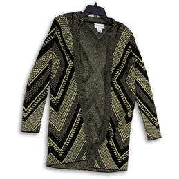 Womens Gold Black Geometric Long Sleeve Open Front Cardigan Sweater Size XS