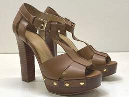 Michael Kors Leather Beatrice T Strap Platform Heels Brown 7.5