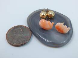 14K Yellow Gold Whale Carved Coral & Ball Stud Earrings 1.1g alternative image