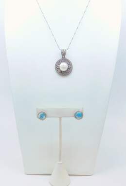 BA Suarti & Israel 925 Faux Pearl Dotted & Scrolled Pendant Necklace & Roman Glass Circle Post Earrings 15.3g