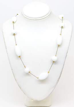 VTG Monet Goldtone Milk Glass Necklace Enamel Earrings & Mod Flower Brooch alternative image