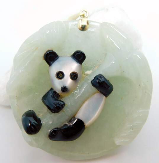 14K Gold Bail Carved Jade Onyx & Mother of Pearl Panda Climbing Bamboo Circle Statement Pendant 17.7g image number 1