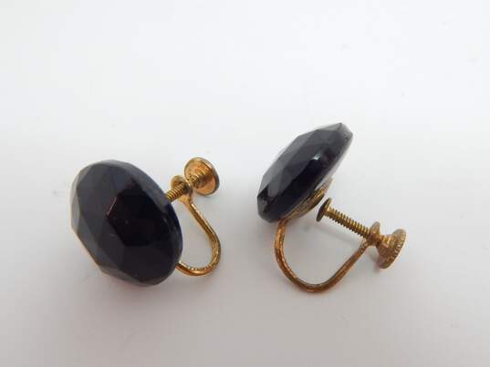 Vintage Goldtone Black Crystals Beaded Multi Strand Necklace Matching & Red Rhinestones Screw Back Earrings & Enamel Shield Star Brooch 98.2g image number 4