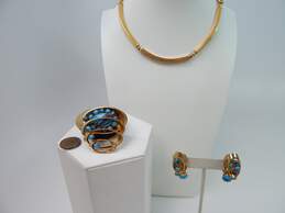 VNTG Monet & Fashion Gold Tone Necklace & Blue Faux Stone Brooch & Earrings alternative image