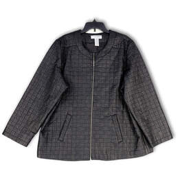Womens Black Geometric Long Sleeve Pockets Full-Zip Jacket Size 22W