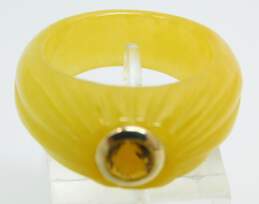14K Yellow Gold Faceted Citrine Carved Yellow Jade Tapered Band Ring 5.4g