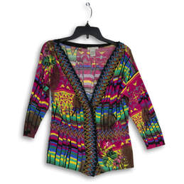 Womens Multicolor Printed 3/4 Sleeve Button Front Cardigan Sweater Size M