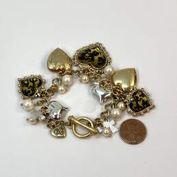 Designer Betsey Johnson Gold-Tone Leopard Print Hearts Charm Bracelet