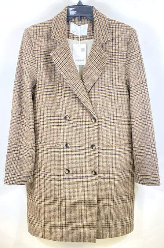 NWT Oak + Fort Womens Brown Plaid Notch Lapel Double-Breasted Overcoat Size S image number 1