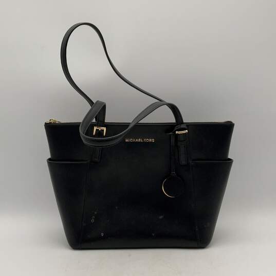 Michael Kors Womens Black Gold Inner Zipper Pocket Double Handle Tote Handbag image number 1
