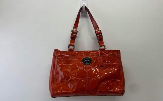 COACH F14413 Orange Patent Leather Signature Embossed Tote Bag image number 1