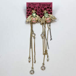 Designer Betsey Johnson Gold-Tone Rhinestone Tassel Dangle Drop Earrings