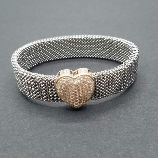 DQ CZ Sterling Cubic Zirconia Heart Charm Expandable Mesh 2 1/2" Bracelet 28.1g image number 1