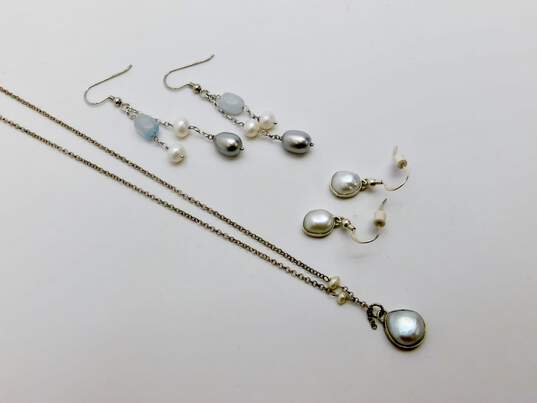 Ethereal 925 White Pearl Pendant Cable Chain Necklace & Matching & Blue Quartz & Grey Pearls Beaded Tassel Drop Earrings 12g image number 1