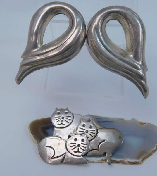 Taxco Sterling Silver Abstract Post Earrings & Cat Brooch 23.7g image number 1