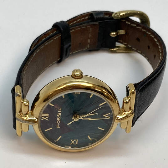Designer Fossil PC-9524 Gold-Tone Black Leather Strap Analog Wristwatch image number 3