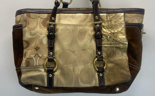 COACH 10388 Tan Gold Signature Suede Canvas Tote Bag image number 1