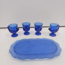 Vintage Set of 4 French Cobalt Blue Hen Cups W/ Display Table