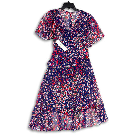 NWT Womens Blue Pink Floral Surplice Neck Hi-Low Hem Back Zip Wrap Dress Size 4 image number 2