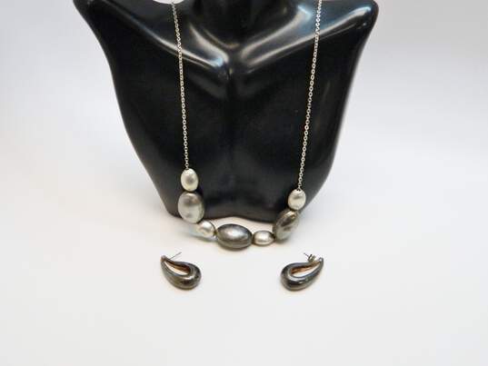 Artisan Sterling Silver Beaded Statement Necklace & Oblong Hoop Earrings 34.9g image number 1