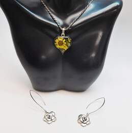 Artisan 925 Pressed Flower Heart Pendant Necklace & Floral Earrings 25.8g