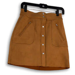NWT Womens Brown Faux Suede Flat Front Front Zip Pockets Mini Skirt Size S
