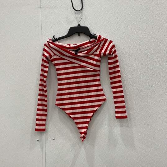 Material Girl Womens Red White Striped Long Sleeve Bodysuit Blouse Top Size XS image number 1