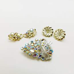 Coro Goldtone Aurora Borealis Rhinestones & Circle Clip Earrings & Floral Brooch