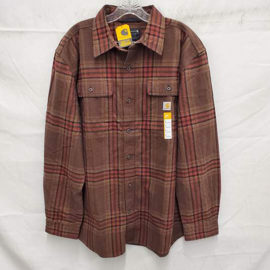 NWT Carhartt MN's Loose Fit Heavyweight Brown Plaid Flannel Shirt Size L image number 1