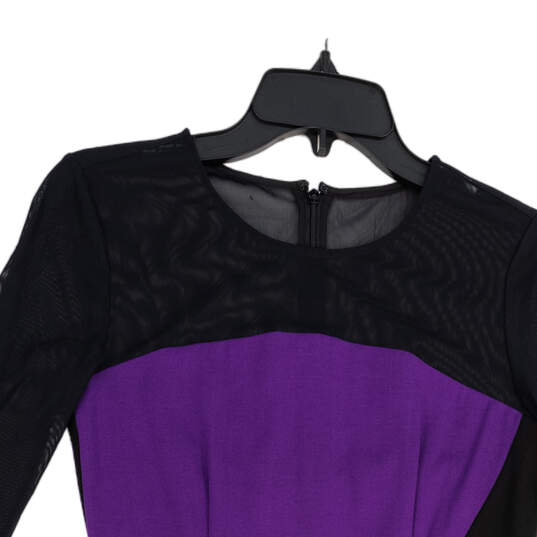 Womens Black Purple Long Sleeve Round Neck Back Zip Sheath Dress Size 4 image number 3