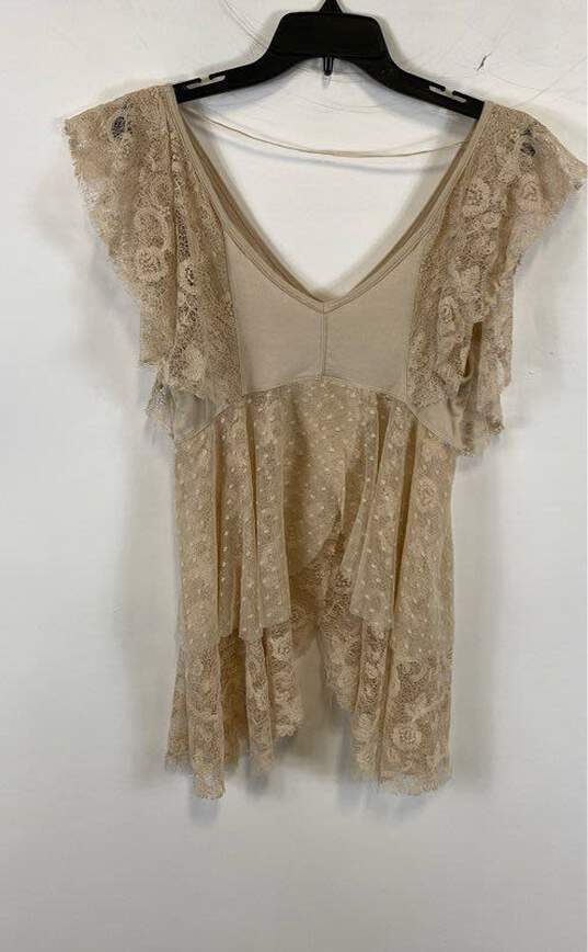 NWT Free People Womens Beige Ruffle Short Sleeve V Neck Lace Blouse Top Size M image number 2