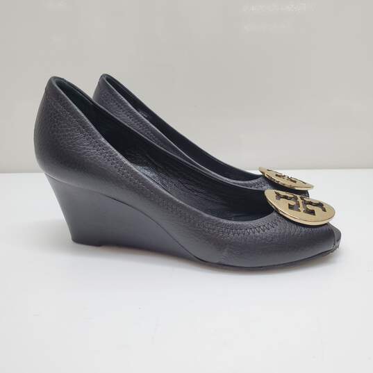 Tory Burch Peep Toe Black Leather Wedges Women's 5 image number 1