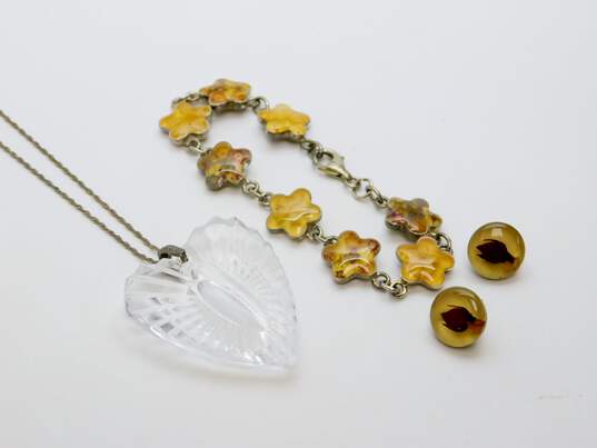 ATI Mexico & Artisan 925 Carved Clear Glass Heart Pendant Necklace Dried Rose Bud Resin Post Earrings & Flowers Linked Bracelet 45.5g image number 1