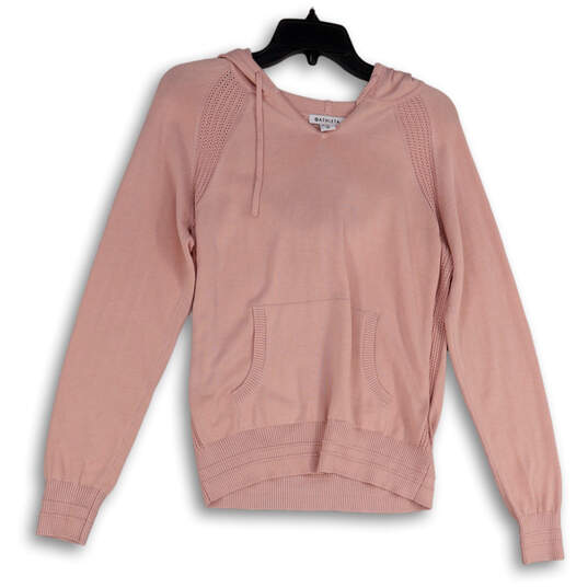 Womens Pink Kangaroo Pocket Ribbed Hem Long Sleeve Pullover Hoodie Size XS image number 3