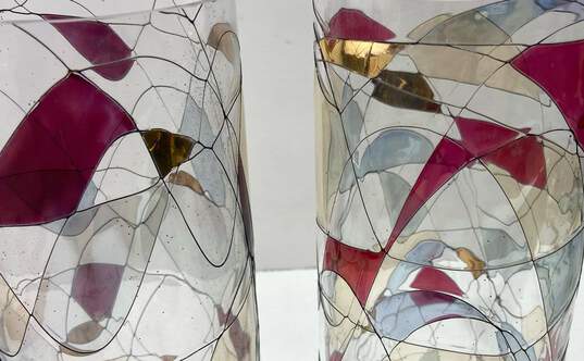 FOSTORIA Galleria Hurricane Shades Abstract Mosaic Art Glass 2pc Set image number 5