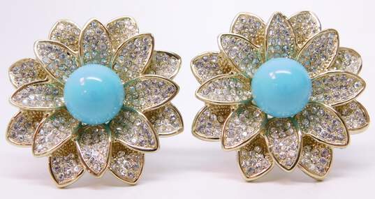 Joan Boyce Goldtone Faux Turquoise Ball & Rhinestones Pave Flower Clip On Earrings 41.4g image number 5