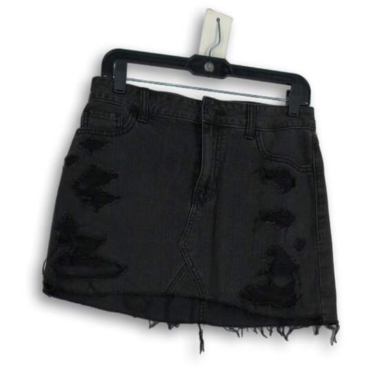 Womens Black Dark Wash Distressed Raw Hem Short Denim A-Line Skirt Size W27 image number 1
