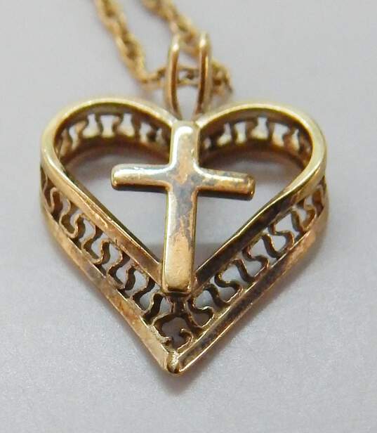 Gold Filled Heart Cross Pendant Necklace & Lapis & Pearl Bracelet 11.4g image number 5