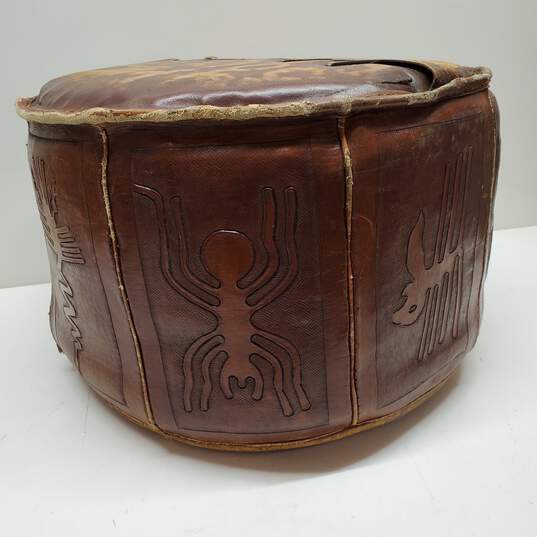 1980s Vintage Hand Tooled Leather Peruvian Hassock Pouf image number 5